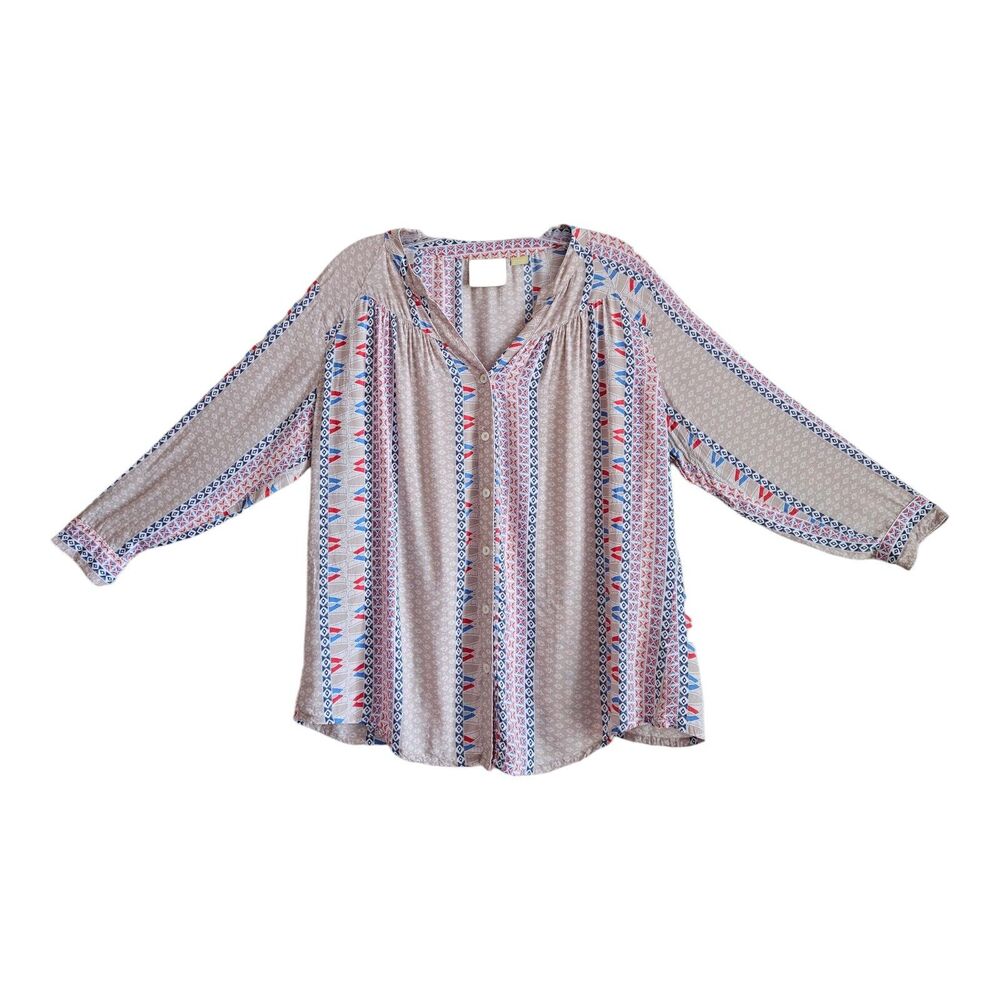 ANTHROPOLOGIE MAEVE Women M Blouse Southwest Button Up 3/4 Sleeve Beige Blue 44"